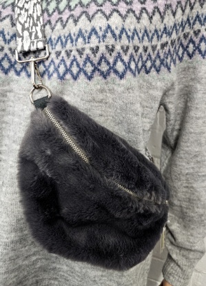 Eliza Gracious Grey Faux Fur Cross Body Bag With Patterned Strap