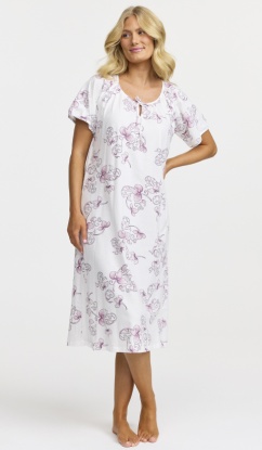 Damella of Sweden Purple Floral Print 100% Cotton Jersey Short Sleeve Nightdress