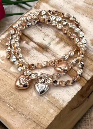 Jess and Lou Triple Strand Elasticated Bracelet With Drop Hearts