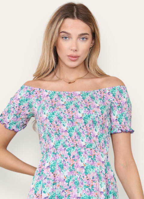 Shirred Lilac Floral Midi Dress - Suzanne Charles