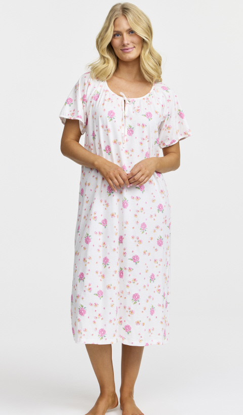 Damella of Sweden Pink Floral Print 100% Cotton Jersey Short Sleeve Nightdress