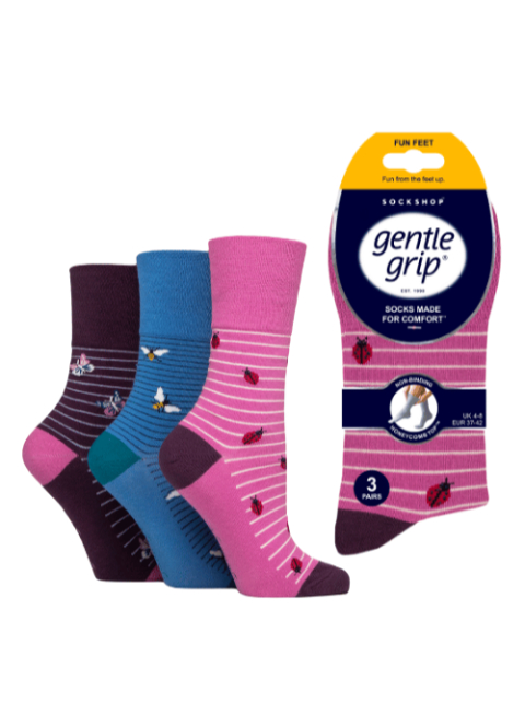 Ladies Gentle Grip 3 Pair Pack Fun Feet Beautiful Bugs