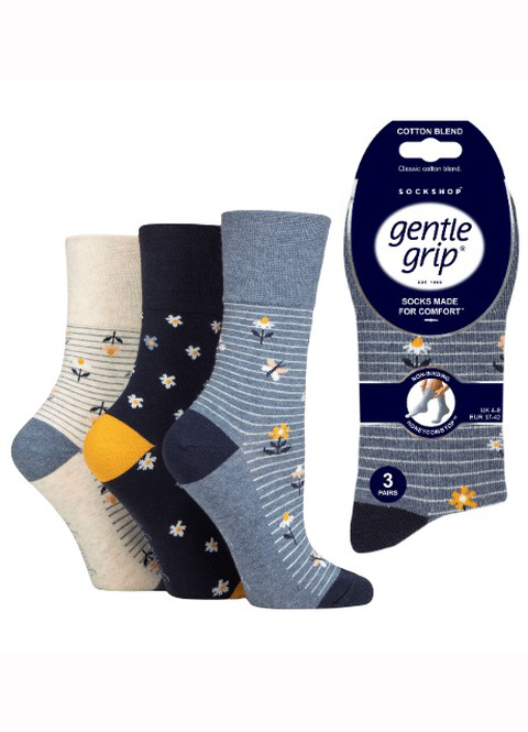 Ladies Gentle Grip Daisies & Butterflies Socks 3 Pair Pack