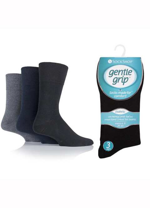 Mens Diabetic Gentle Grip Socks Black, Navy & Grey 3 Pair Pack