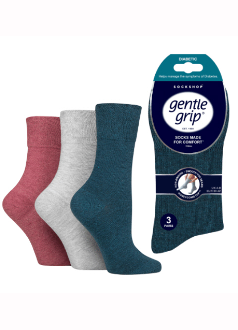 Ladies Diabetic Gentle Grip Socks 3 Pair Pack Teal, Coral & Grey