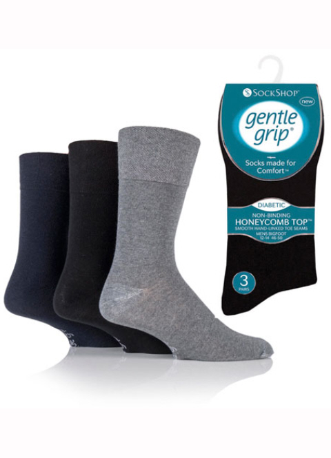 Mens Diabetic Big Foot Gentle Grip Socks 3 Pair Pack Mixed Black, Navy & Grey