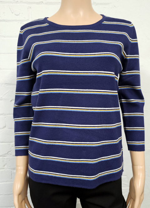 Claudia C Navy Rib Stripe 3/4 Length Sleeve Jumper