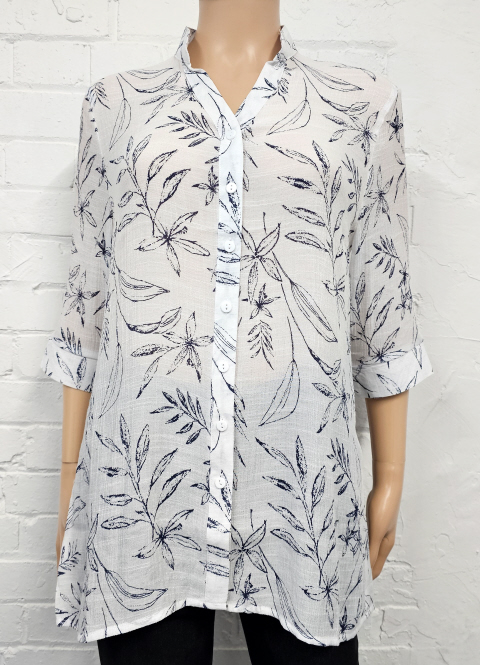 Claudia C White Navy Leaf  Blouse